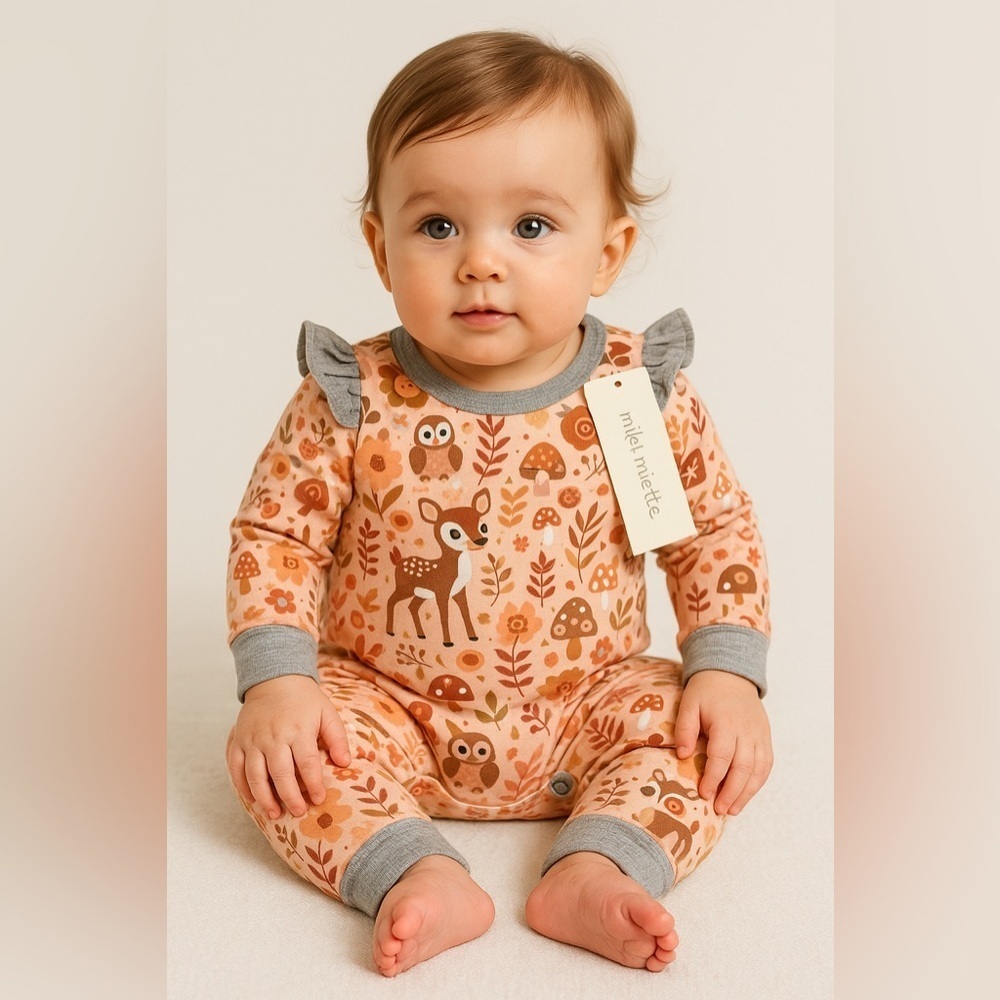 NWT Miki Miette Baby Girl Romper – 6M – Woodland Deer Print – Snaps -100% Cotton